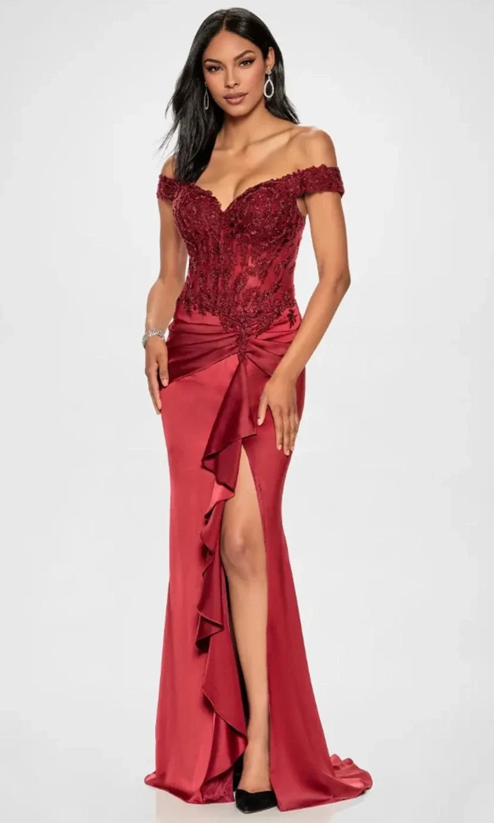 Montage by Mon Cheri M852 - Off-Shoulder Satin Gown with Ruffled Slit Special Occasion Dress