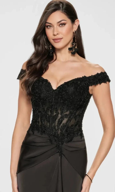 Montage by Mon Cheri M852 - Off-Shoulder Satin Gown with Ruffled Slit Special Occasion Dress