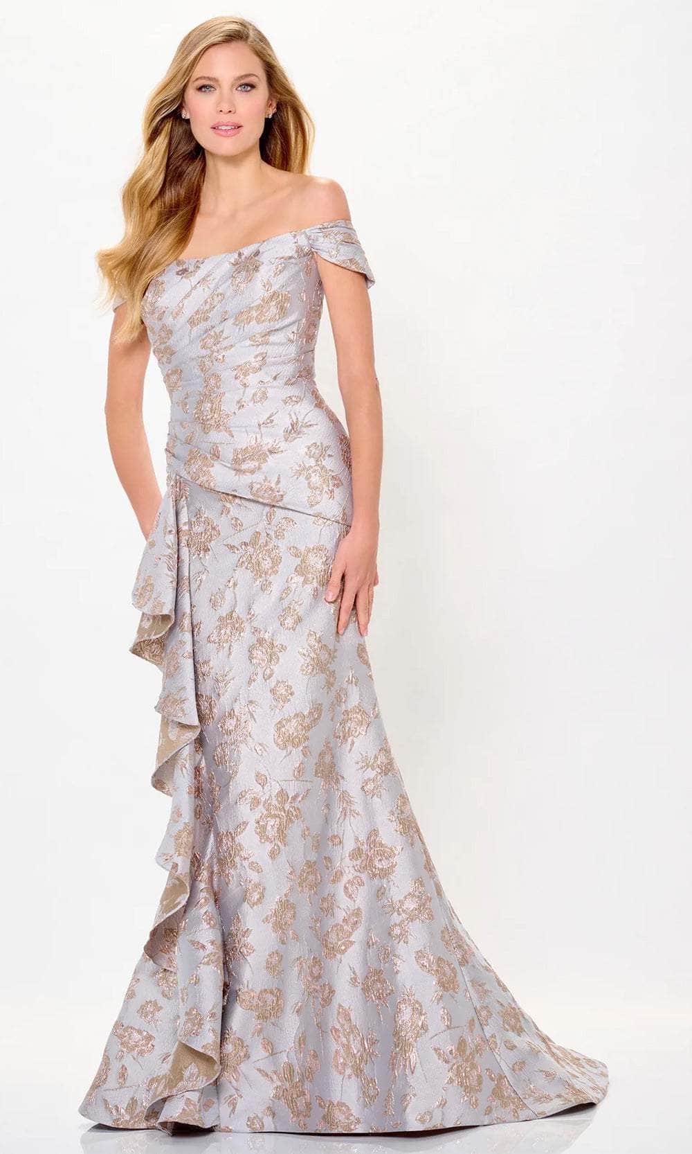 Montage By Mon Cheri M905 - Long Brocade Mermaid Dress - Off Shoulder Sleeves, Pleated Bodice, Beaded, Ruffle Detail, Midrise Back, Sweep Train, Montage By Mon Cheri M905 - Long Brocade Mermaid Dress - Off Shoulder Sleeves, Pleated Bodice, Beaded, Ruffle Detail, Midrise Back, Sweep Train,