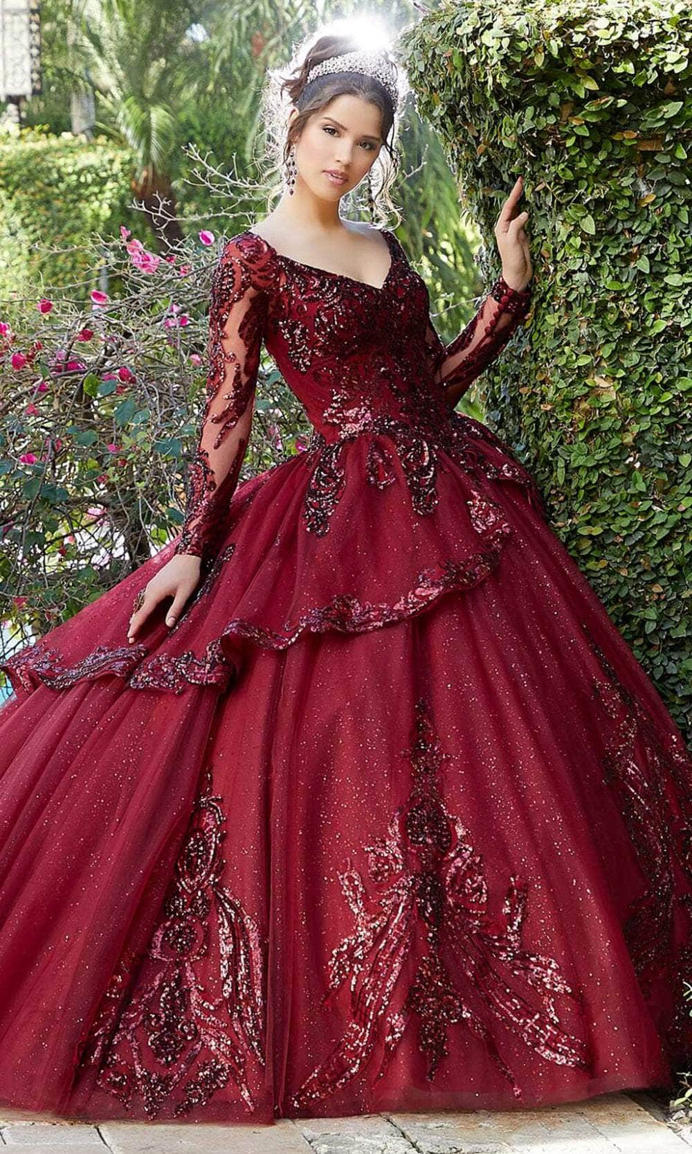 Mori Lee 60128 - V-Neck Peplum Overlay Ballgown Ball Gowns 00 /  Sangria