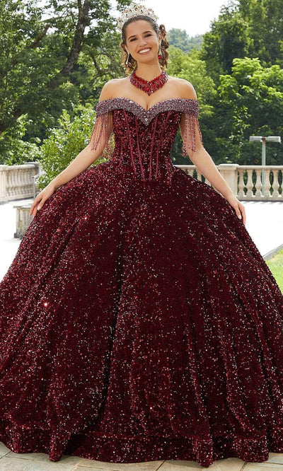 Mori Lee 60177 - Beaded Fringed Quinceanera Ballgown Quinceanera Dresses 00 /  Wine