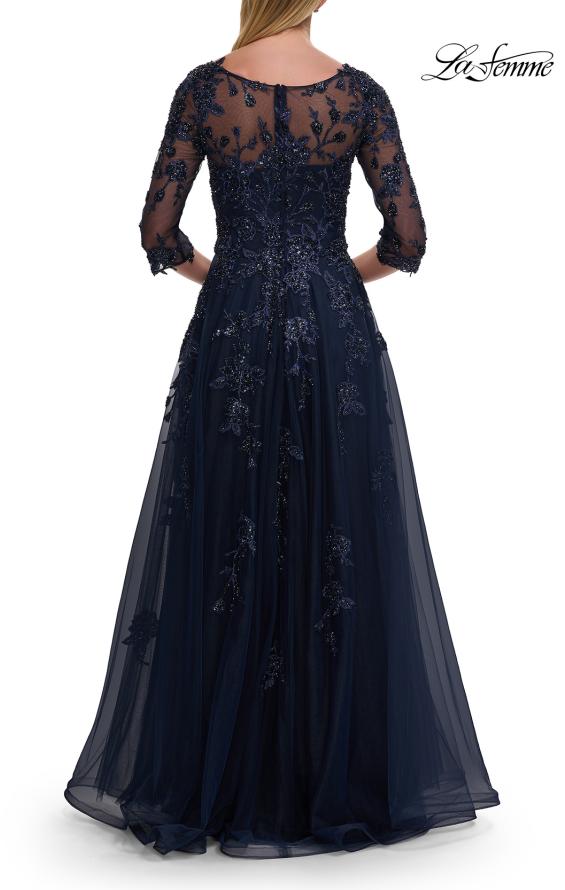 La Femme Women's A-line Tulle Mother of the Bride Dress with Gorgeous Beaded Lace - Blue