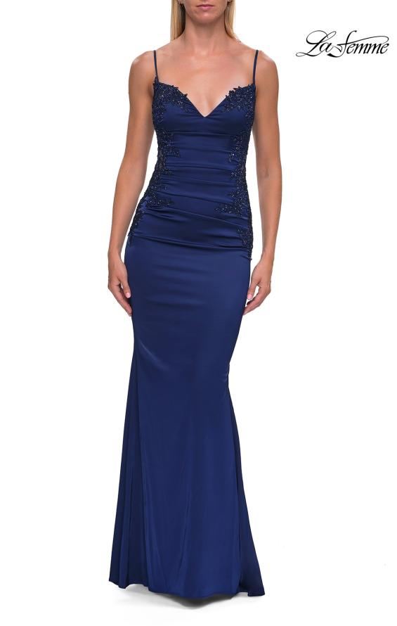 La Femme 33697 - Beaded Lace Accent Ruched Long Gown Prom Dresses