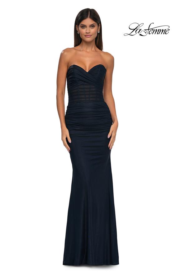 La Femme 33007 - Ruched Ornate Strapless Prom Gown