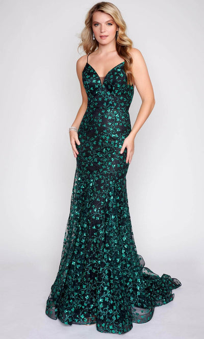 Nina Canacci 8210 - Sleeveless Lace-up Back Prom Gown Special Occasion Dress 0 / Black/Green