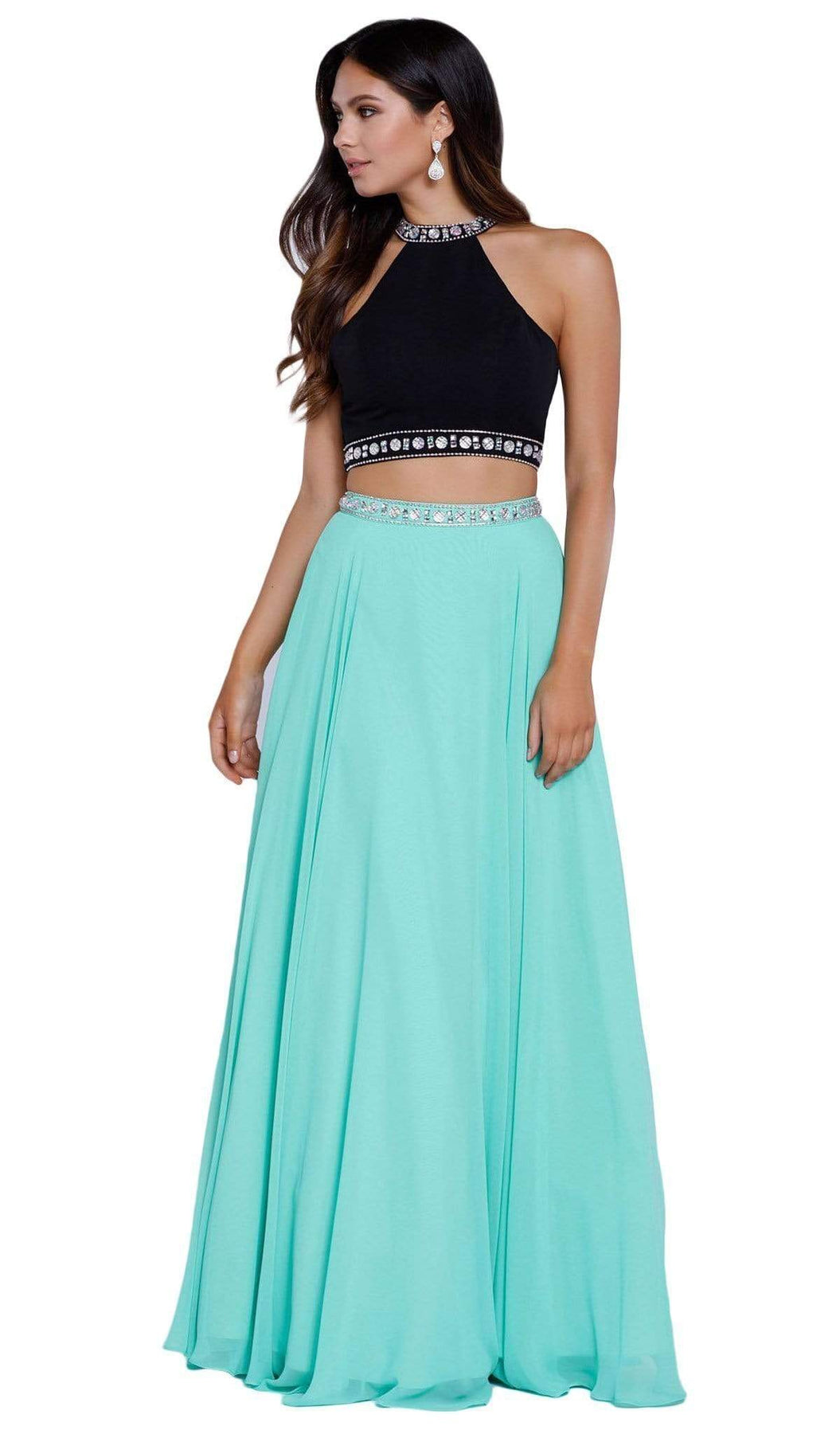 Nox Anabel - 8214 Two-Piece Bedazzled Halter Neck A-line Dress Special Occasion Dress XS / Mint & Black