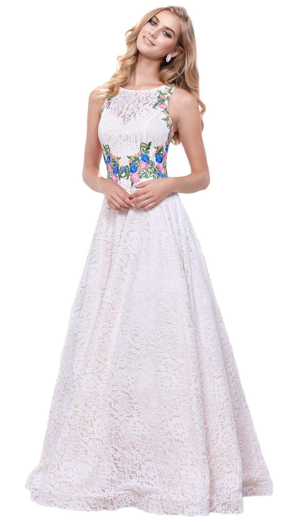 Nox Anabel - 8281 Sleeveless Embroidered Lace Scoop A-line Dress Special Occasion Dress XS / Ivory