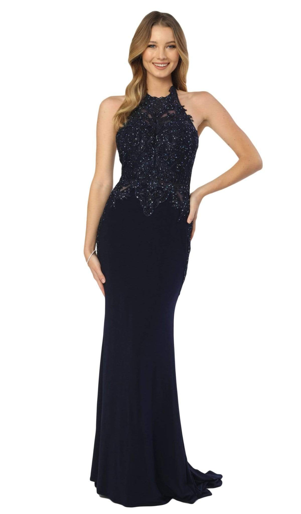 Nox Anabel - A175 Applique Halter Neck Trumpet Dress Special Occasion Dress XS / Navy