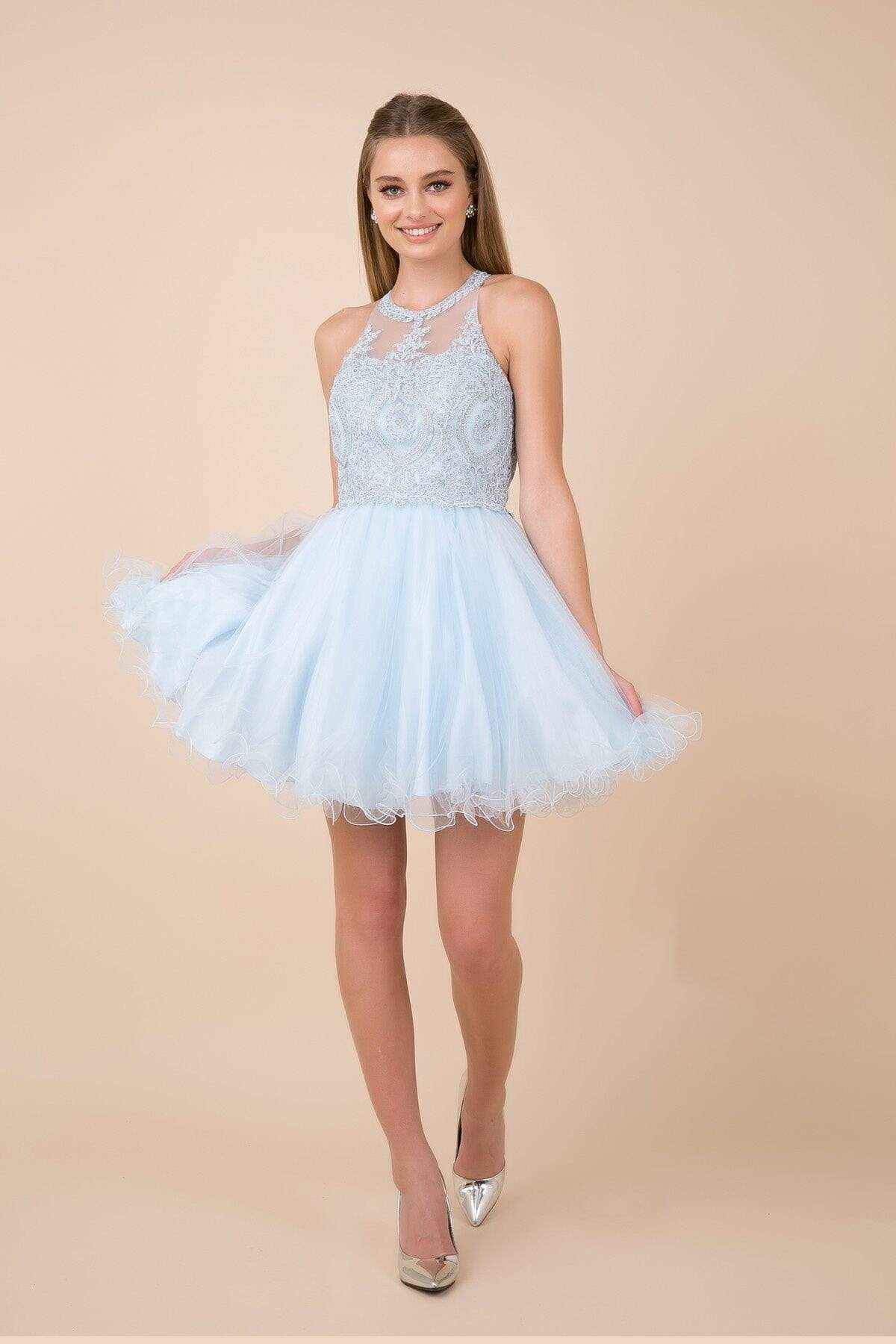 Nox Anabel - B652 Sparkly Lace Applique Bodice Tulle Cocktail Dress Cocktail Dresses XS / Ice Blue