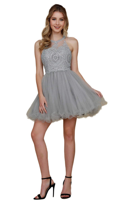 Nox Anabel - B652 Sparkly Lace Applique Bodice Tulle Cocktail Dress Cocktail Dresses XS / Silver