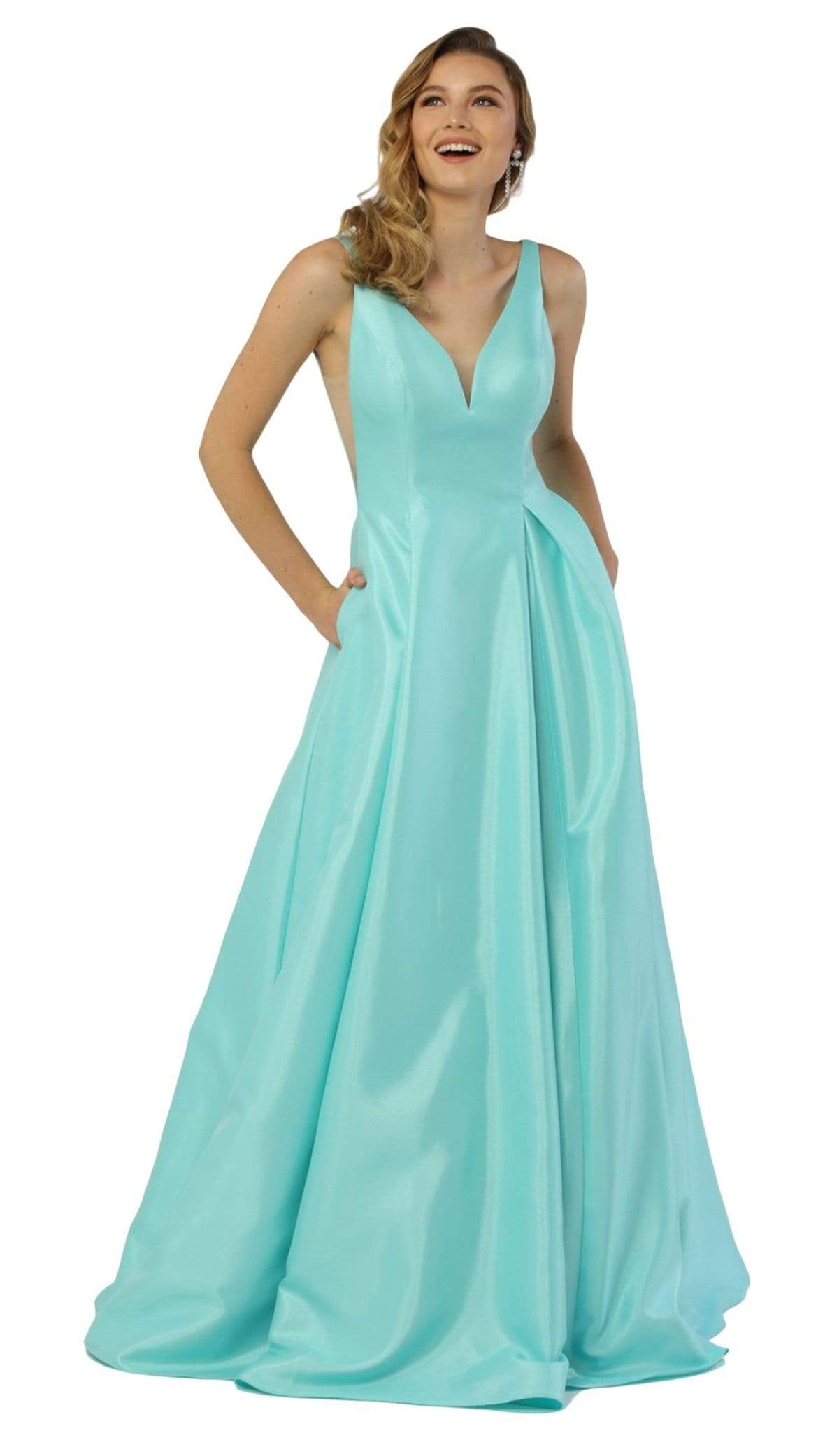 Nox Anabel - E156 Sleeveless Illusion Panel V Neck A-Line Gown Prom Dresses XS / Mint Green