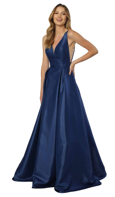 Nox Anabel - E156 Sleeveless Illusion Panel V Neck A-Line Gown Prom Dresses XS / Navy