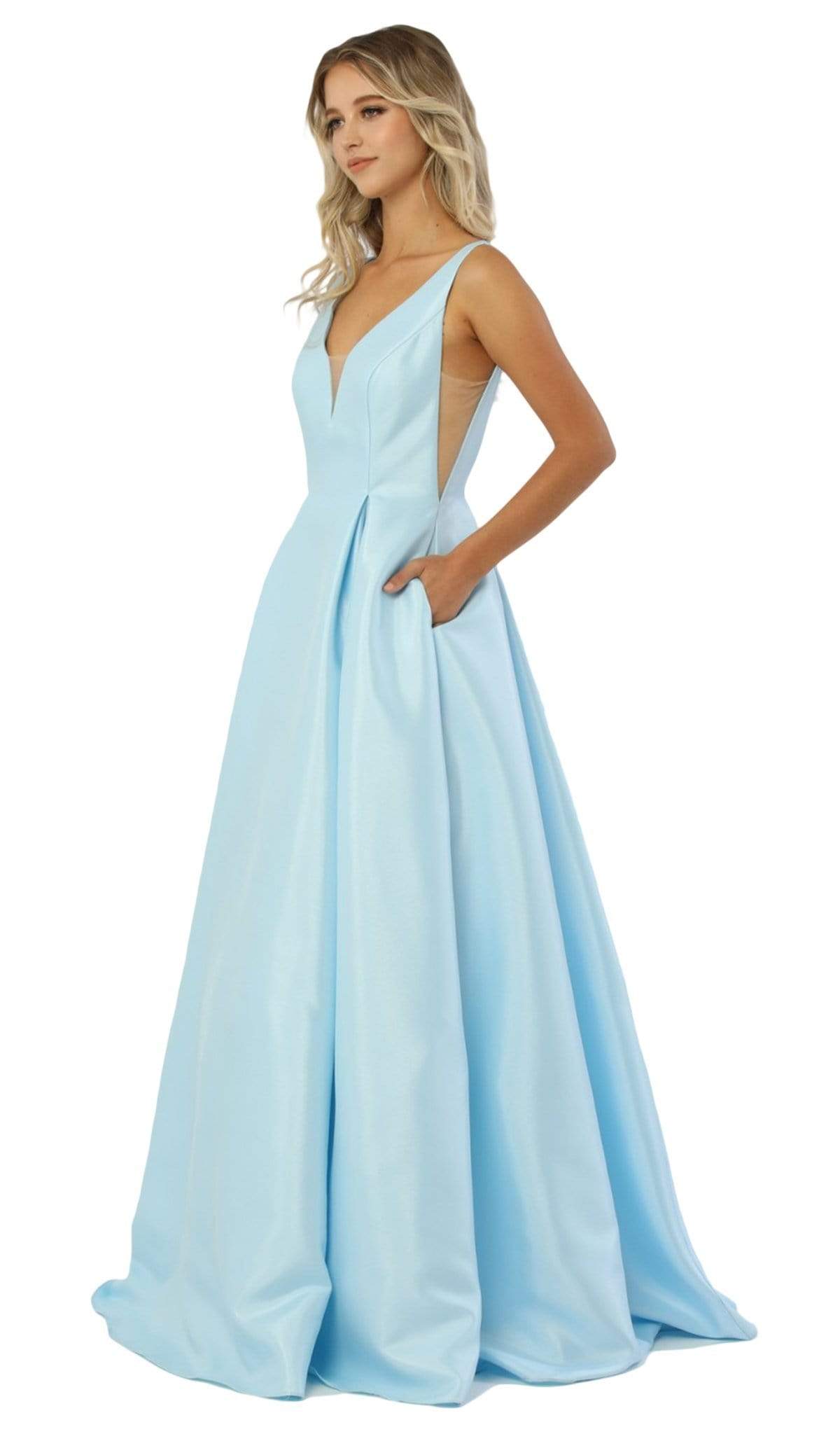 Nox Anabel - E156 Sleeveless Illusion Panel V Neck A-Line Gown Prom Dresses XS / Powder Blue