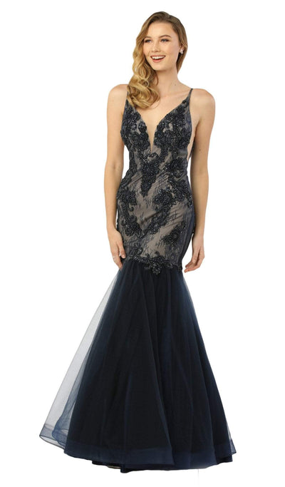 Nox Anabel - E185 Sleeveless V Neck Beaded Lace Tulle Mermaid Gown Special Occasion Dress XS / Navy Blue