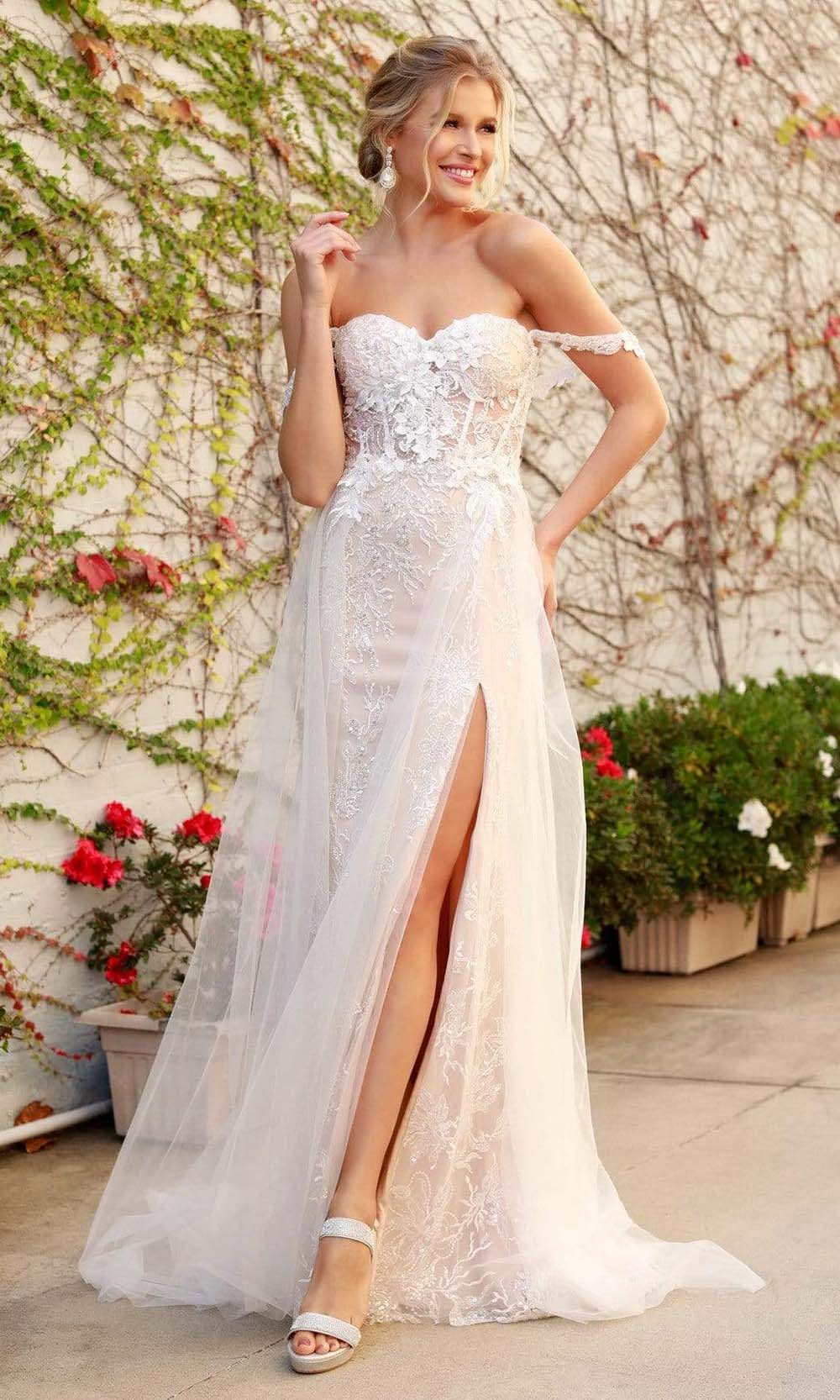 Nox Anabel - E441 Off Shoulder Appliqued High Slit Bridal Gown Wedding Dresses