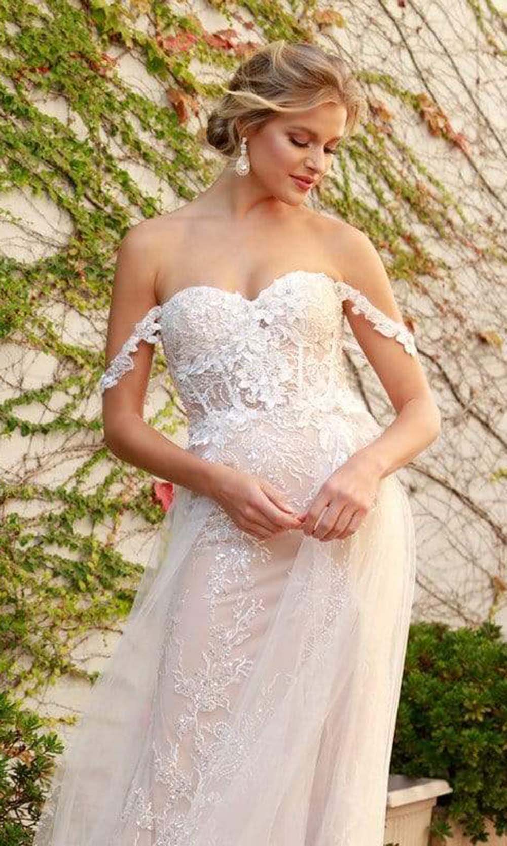 Nox Anabel - E441 Off Shoulder Appliqued High Slit Bridal Gown Wedding Dresses