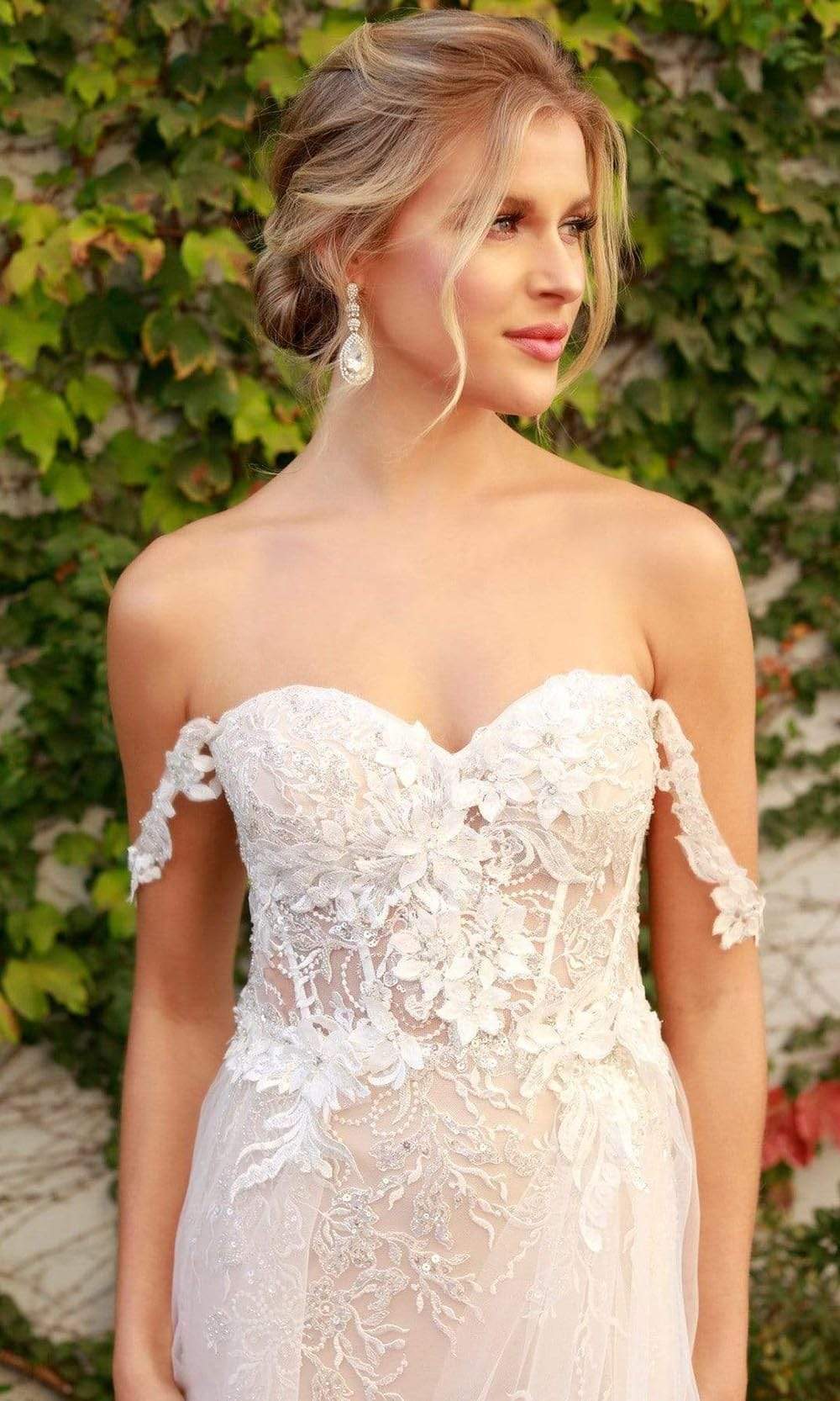Nox Anabel - E441 Off Shoulder Appliqued High Slit Bridal Gown Wedding Dresses