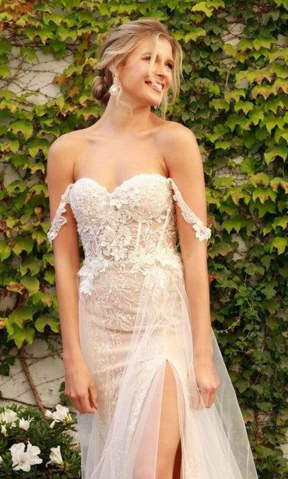 Nox Anabel - E441 Off Shoulder Appliqued High Slit Bridal Gown Wedding Dresses