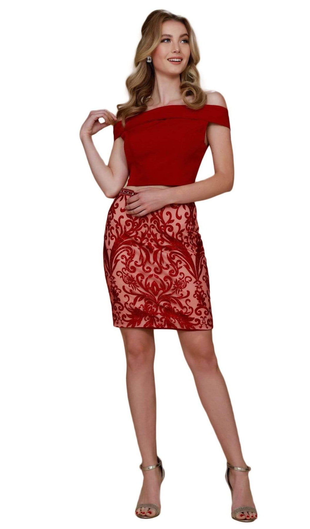 Nox Anabel - E664 Two Piece Crystal Beaded Embroidered Fitted Dress Special Occasion Dress XS / Burgundy