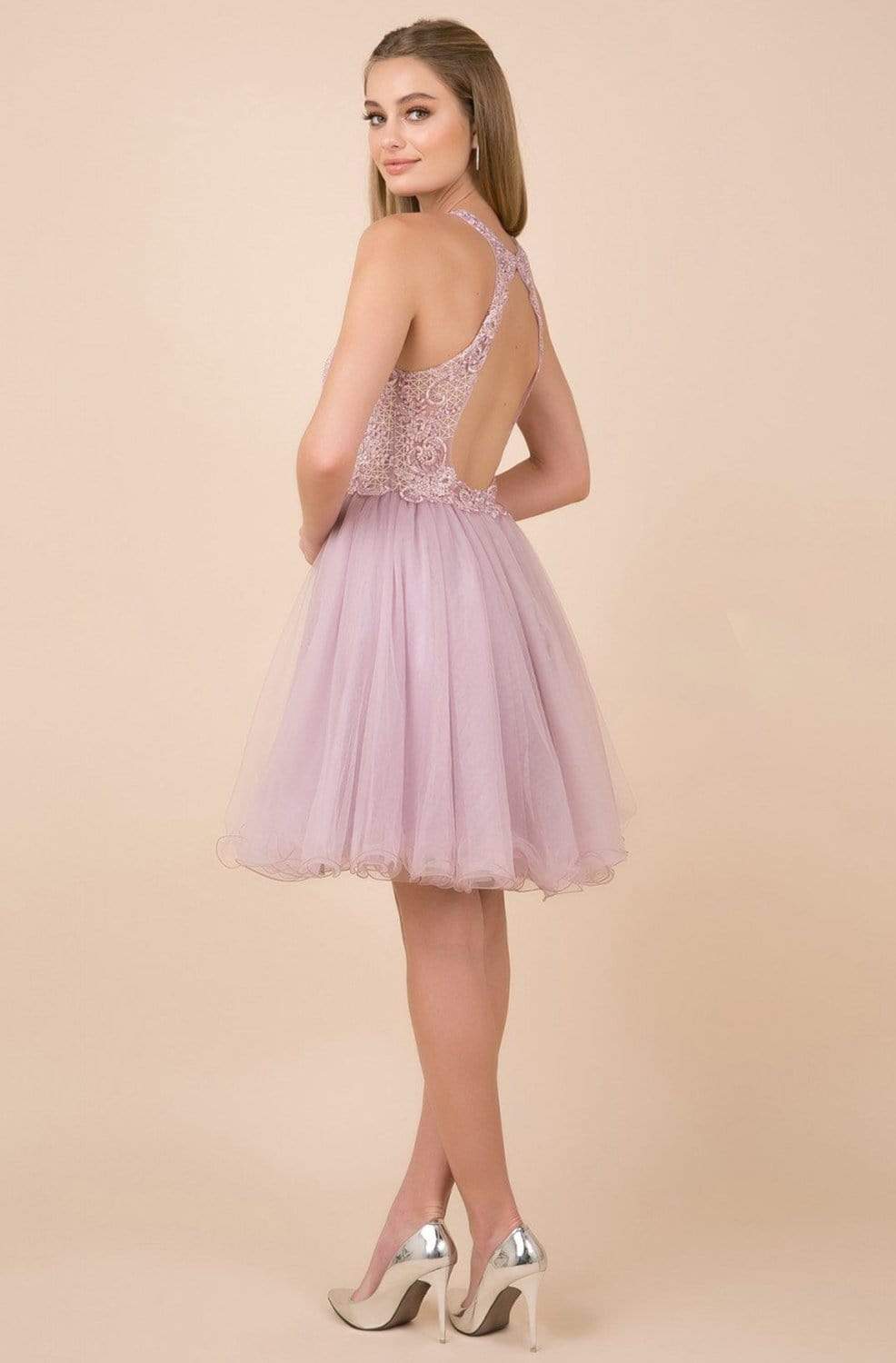 Nox Anabel - E696 Lace Halter A-Line Short Dress Homecoming Dresses