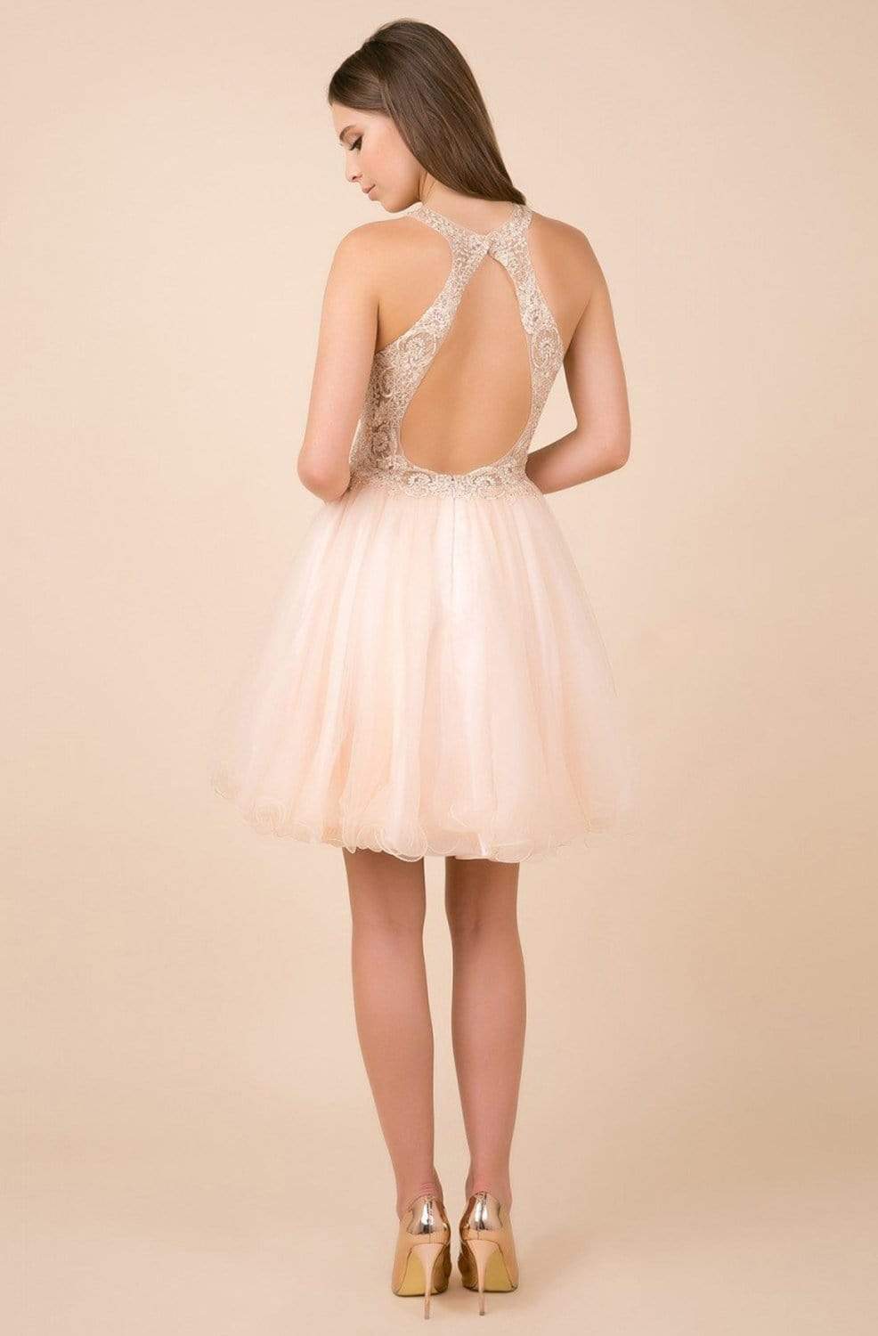 Nox Anabel - E696 Lace Halter A-Line Short Dress Homecoming Dresses