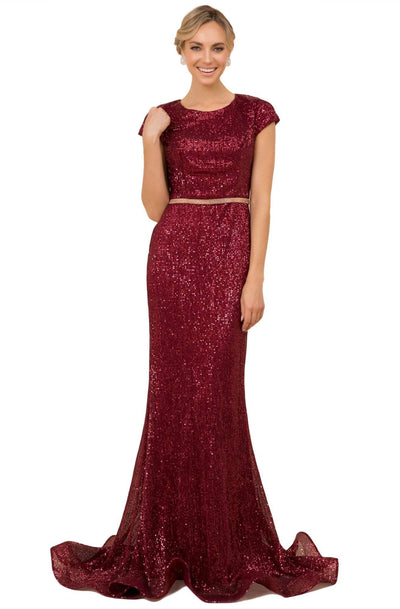 Nox Anabel - F338 Cap Sleeve Sequined Mermaid Gown Mother of the Bride Dresses 6 / Burgundy