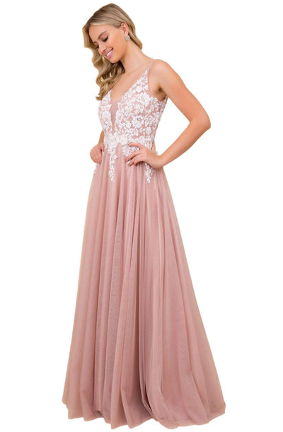 Nox Anabel - G048 Embroidered Deep V-neck A-line Gown Prom Dresses