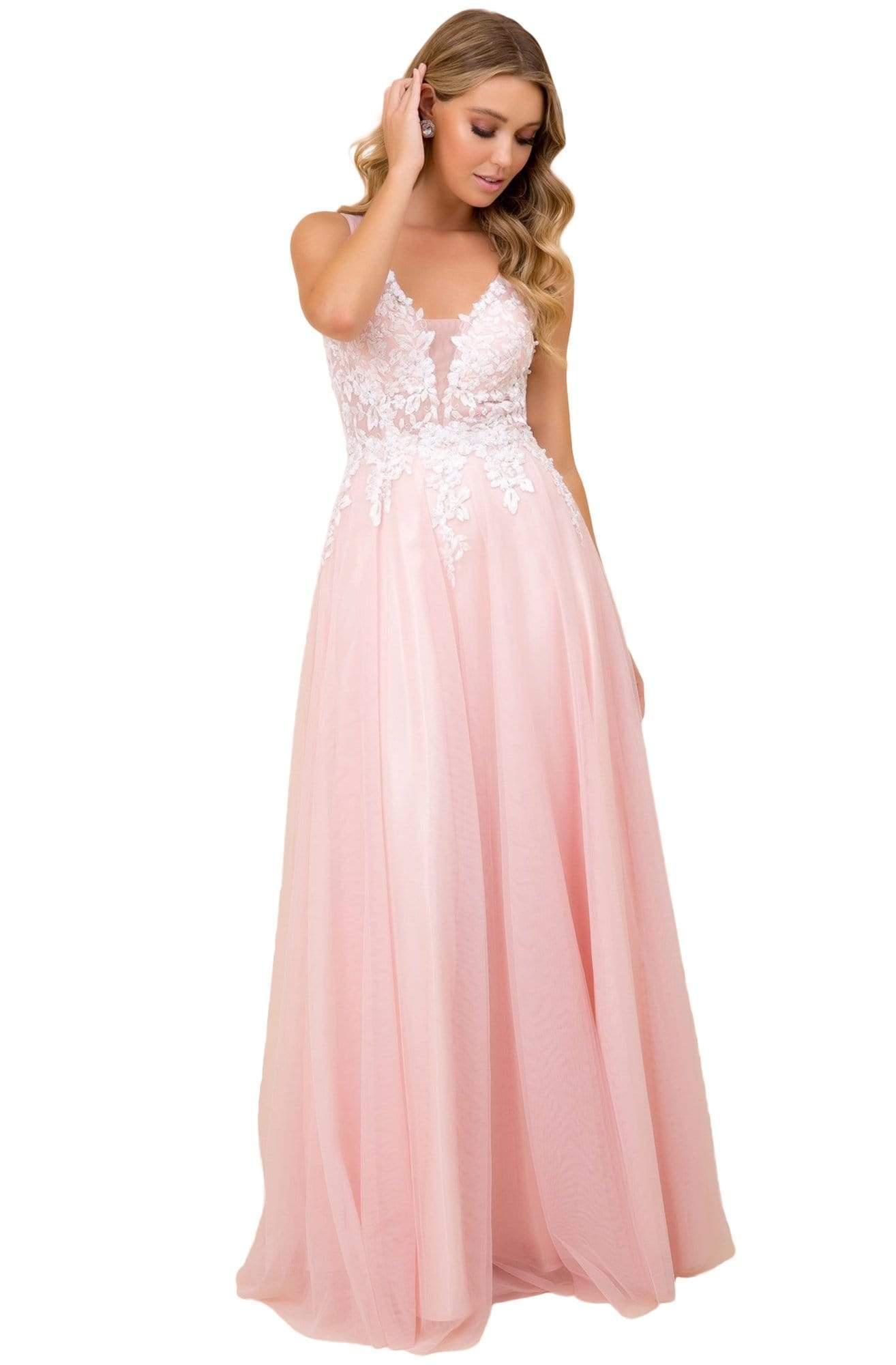 Nox Anabel - G048 Embroidered Deep V-neck A-line Gown Prom Dresses XS / Blush