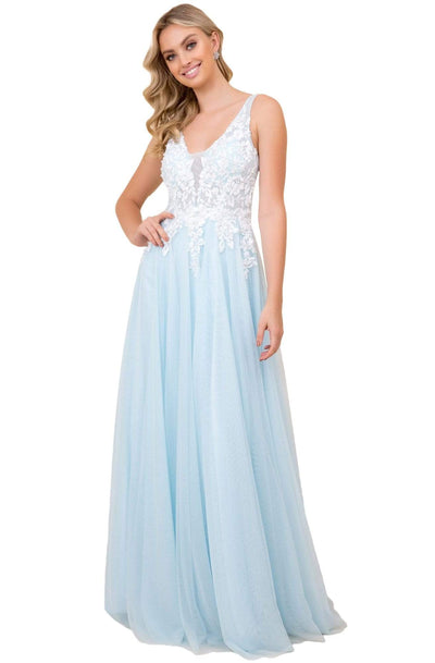 Nox Anabel - G048 Embroidered Deep V-neck A-line Gown Prom Dresses XS / Pale Blue