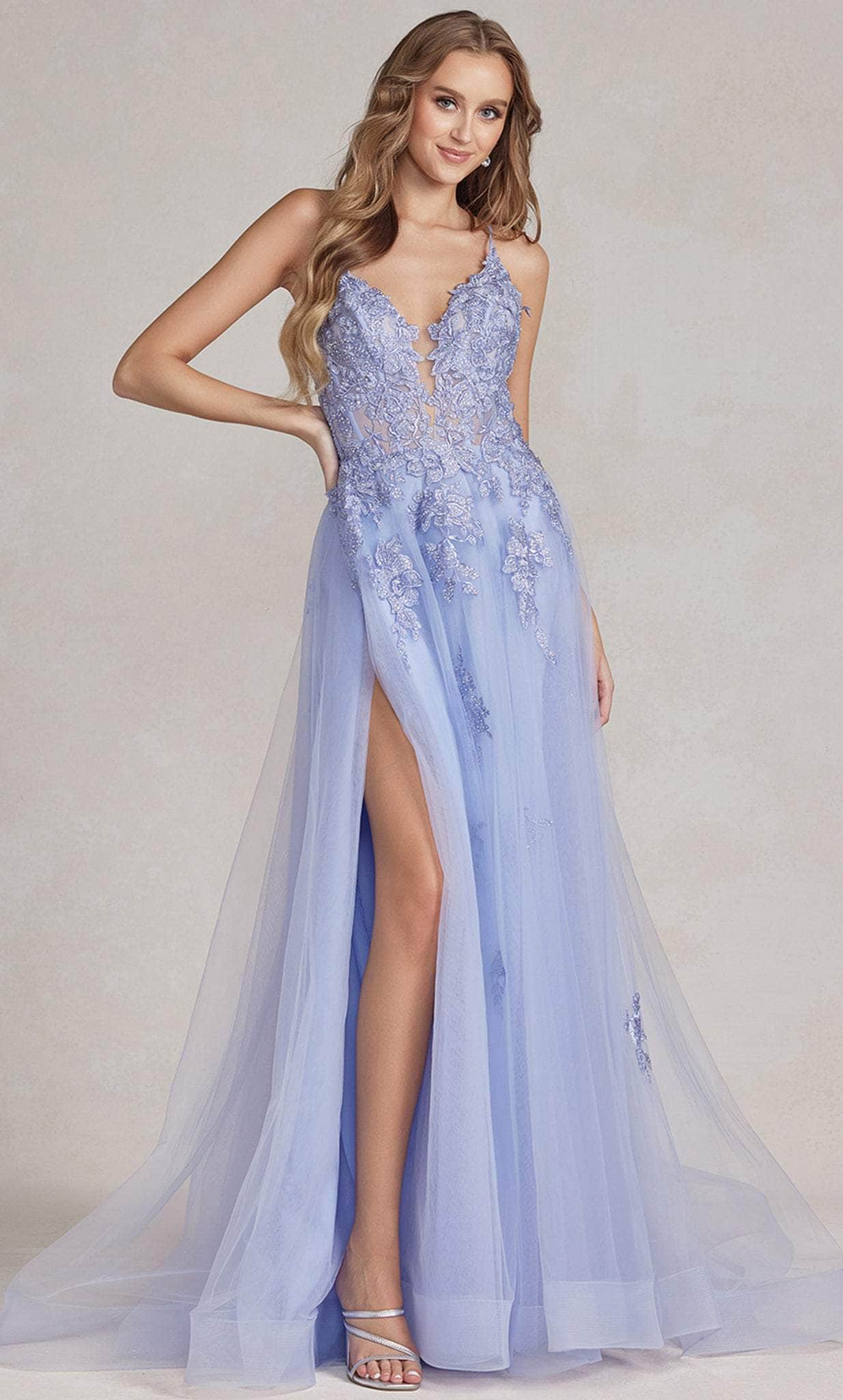 Nox Anabel G1149 - Embroidered Plunging V-Neck Prom Gown Prom Dresses 00 / Periwinkle