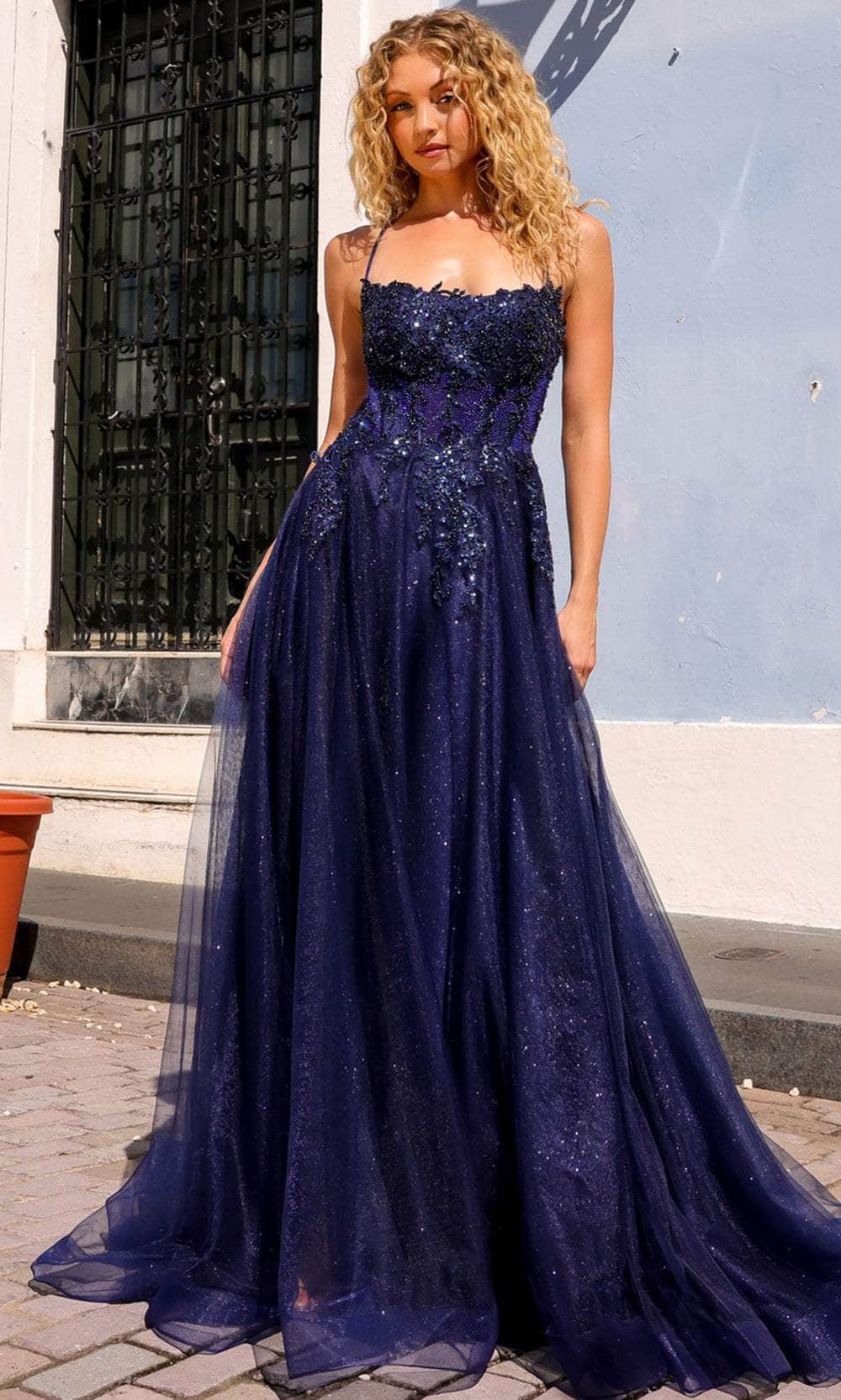 Nox Anabel G1405 - Scoop Lace Appliqued Prom Dress with Slit Special Occasion Dress 00 / Navy Blue