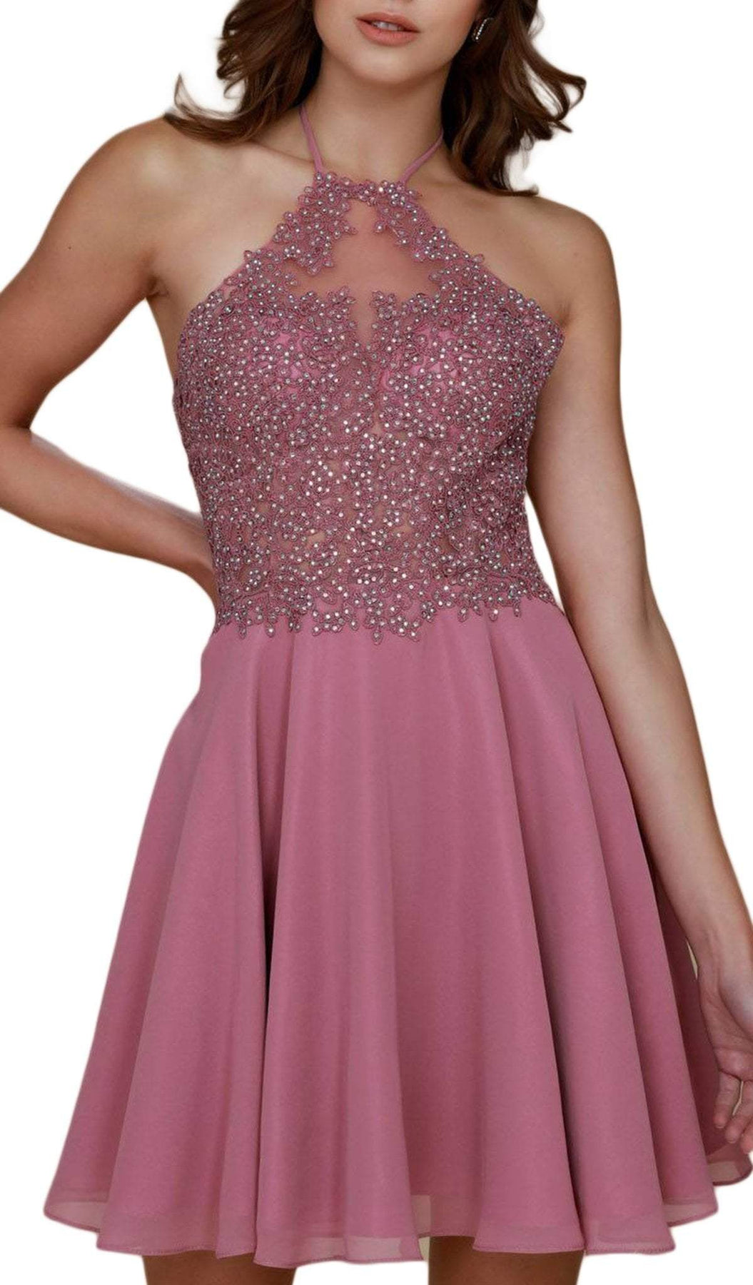 Nox Anabel - G657 Applique Halter Neck A-line Dress Special Occasion Dress