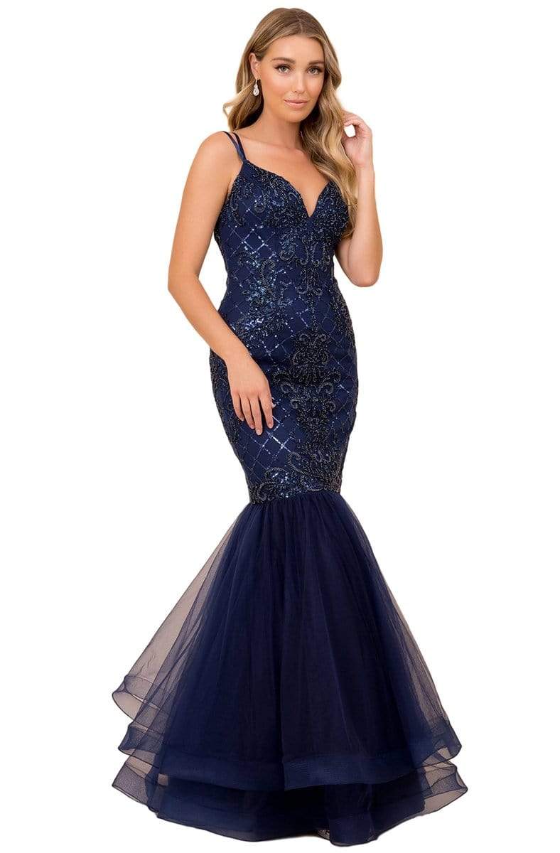 Nox Anabel - H399 Crisscross Back Beaded Trumpet Gown Evening Dresses 4 / Navy Blue