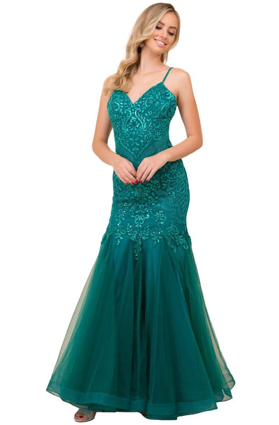 Nox Anabel - H402 Spaghetti Strap Beaded Trumpet Gown Evening Dresses 4 / Green