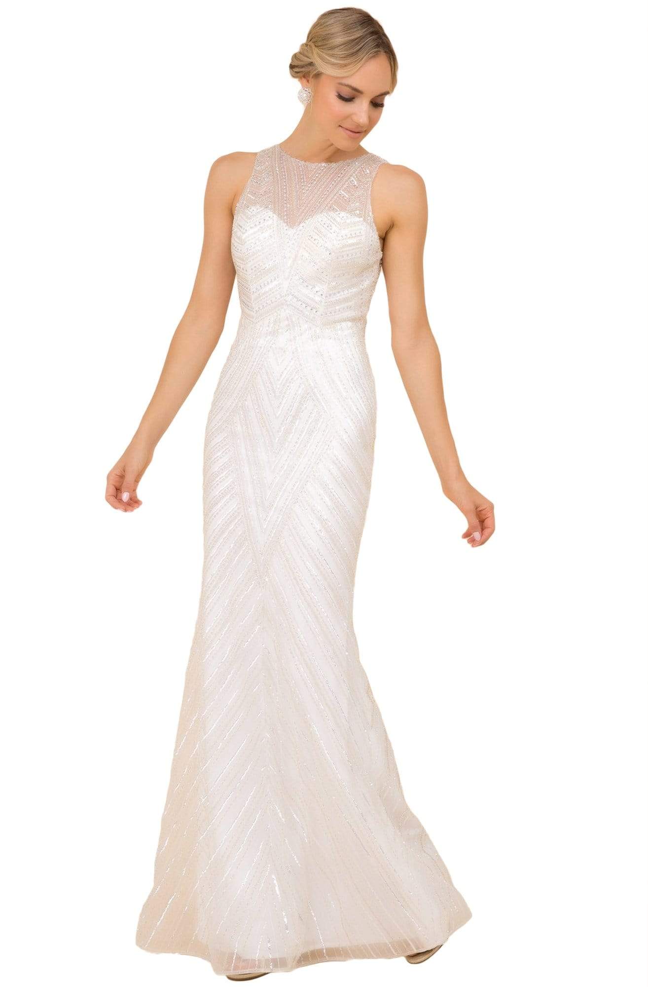 Nox Anabel - H404 Embellished Jewel Neck Sheath Dress Evening Dresses 4 / Off White
