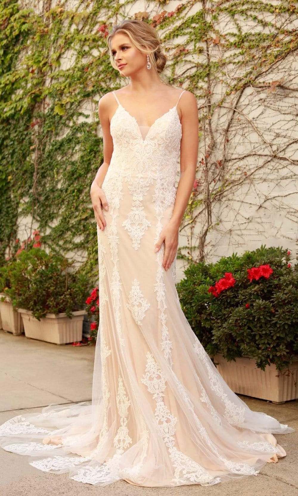 Nox Anabel - H494 Spaghetti Strapped Embroidered Gown Wedding Dresses