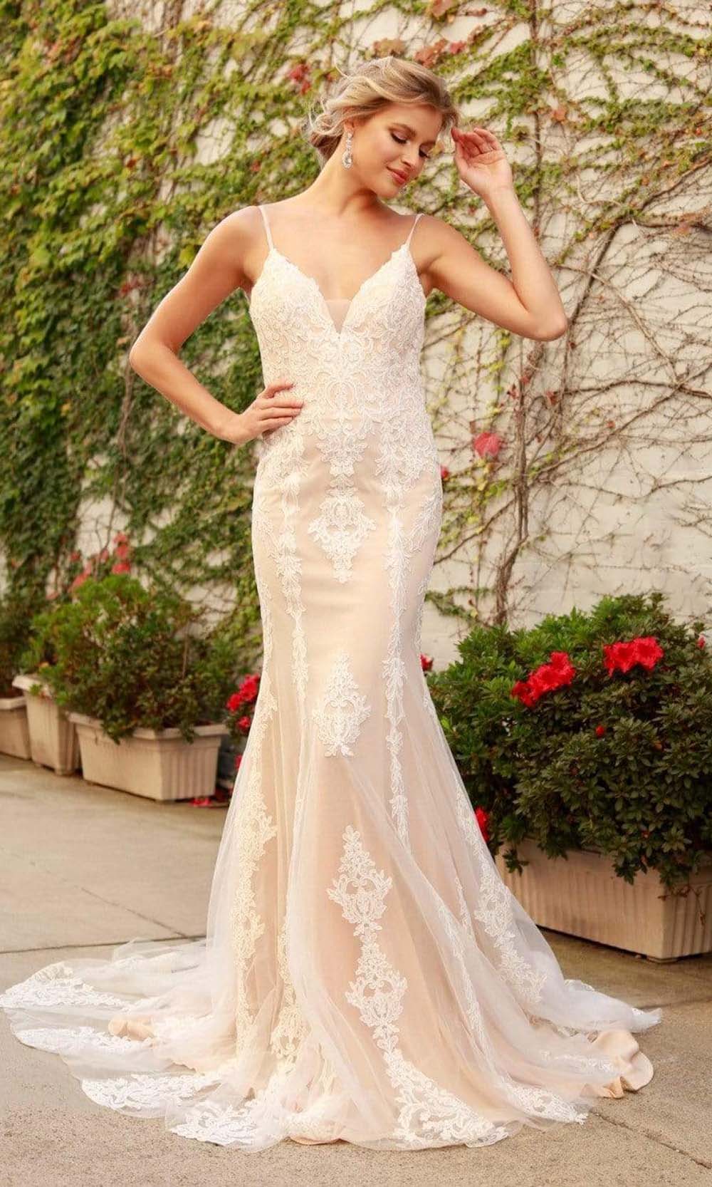 Nox Anabel - H494 Spaghetti Strapped Embroidered Gown Wedding Dresses 2 / White&Nude