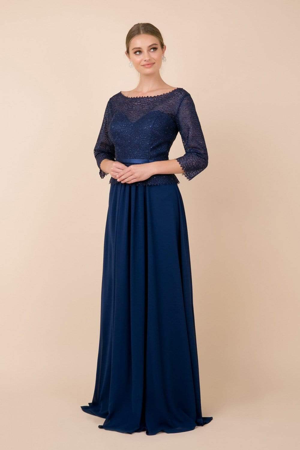 Nox Anabel - M520 Lace Quarter Length Sleeve Bateau A-line Dress Mother of the Bride Dresses M / Navy Blue