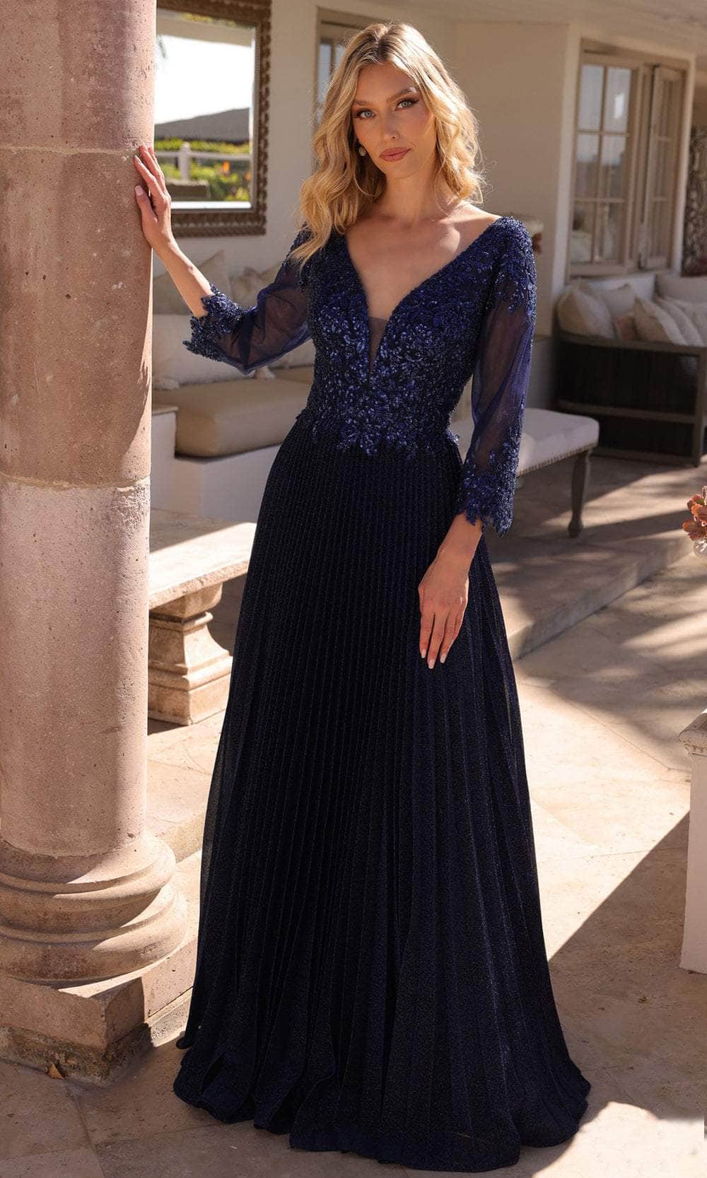 Nox Anabel MF102 - Shimmering V-neck Gown with Ruched Waist Mother of the Bride Dress