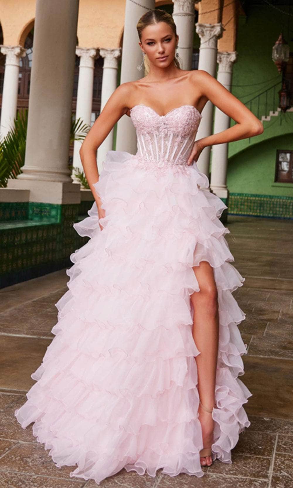Nox Anabel R1688 - Long Tulle Ballgown Dress - Layered ruffles, high slit, strapless neckline ADASA Nox Anabel R1688 - Long Tulle Ballgown Dress - Layered ruffles, high slit, strapless neckline ADASA