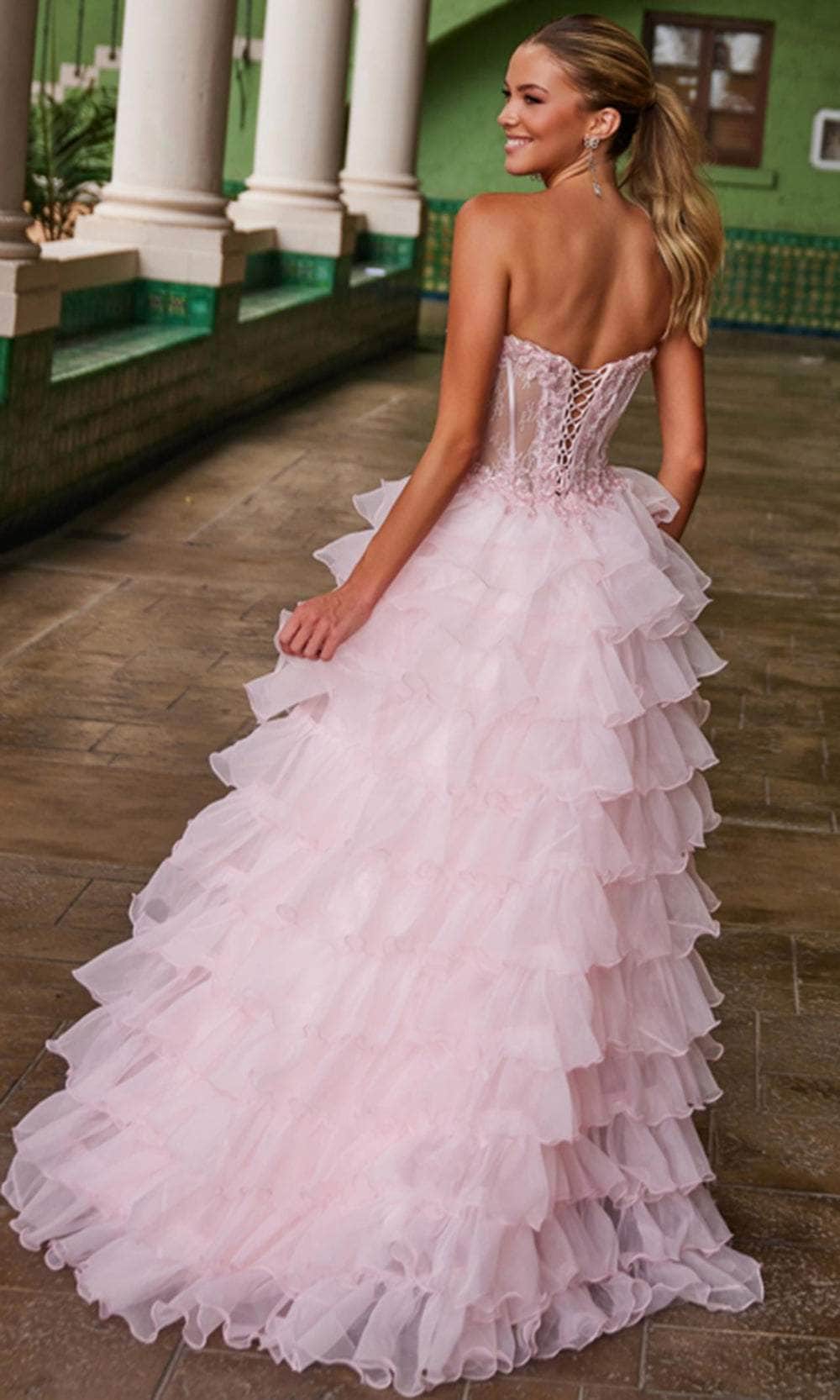Nox Anabel R1688 - Long Tulle Ballgown Dress - Layered ruffles, high slit, strapless neckline ADASA Nox Anabel R1688 - Long Tulle Ballgown Dress - Layered ruffles, high slit, strapless neckline ADASA