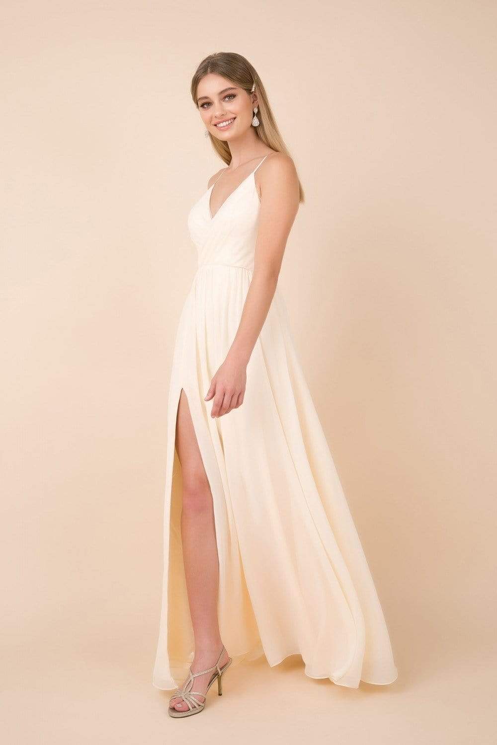 Nox Anabel - R275P Plunging V-neck A-line Dress With Slit Prom Dresses