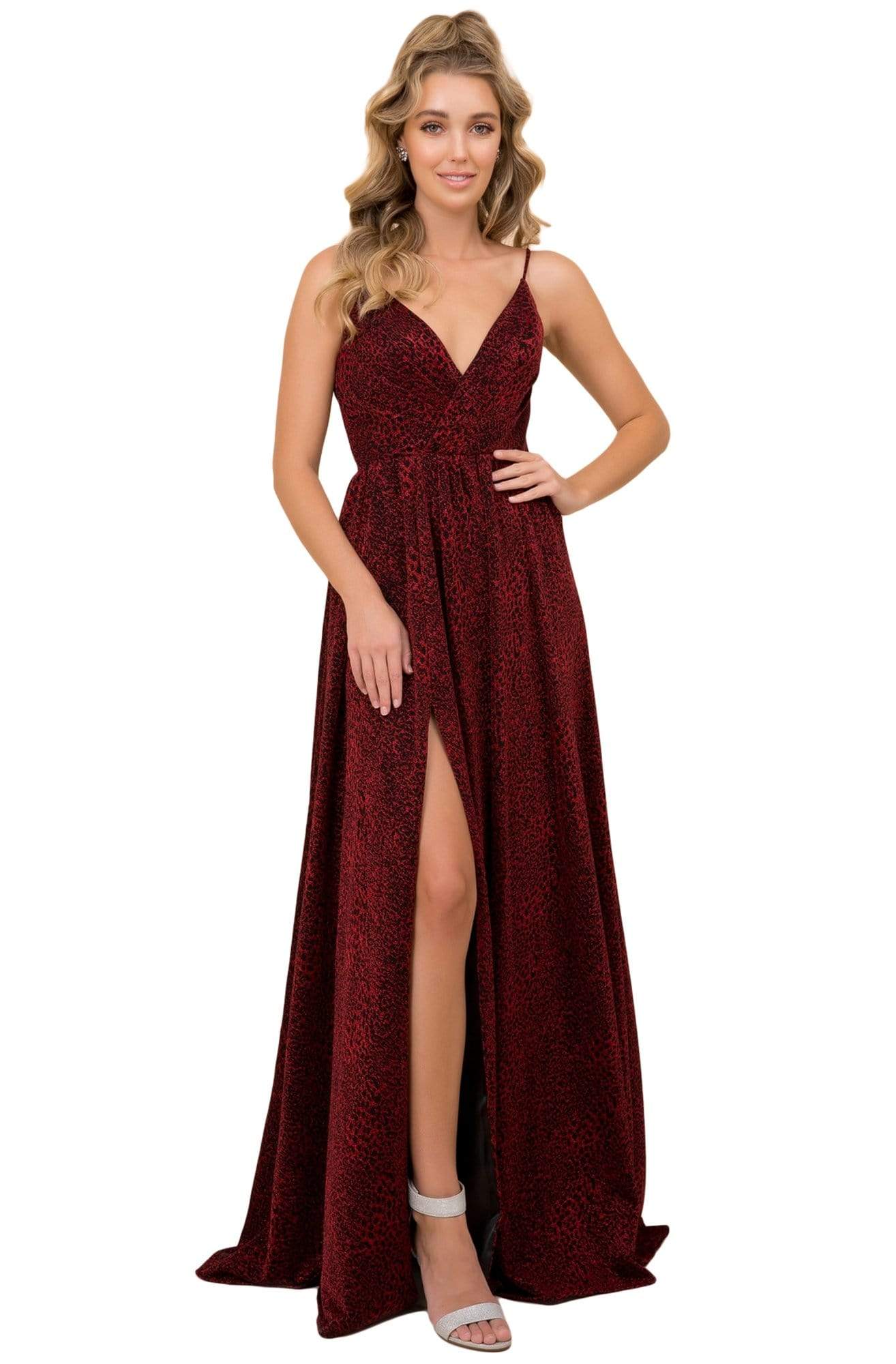 Nox Anabel - R356 V Neck Animal Printed High Slit A-Line Evening Gown Evening Dresses 4 / Black & Burgundy