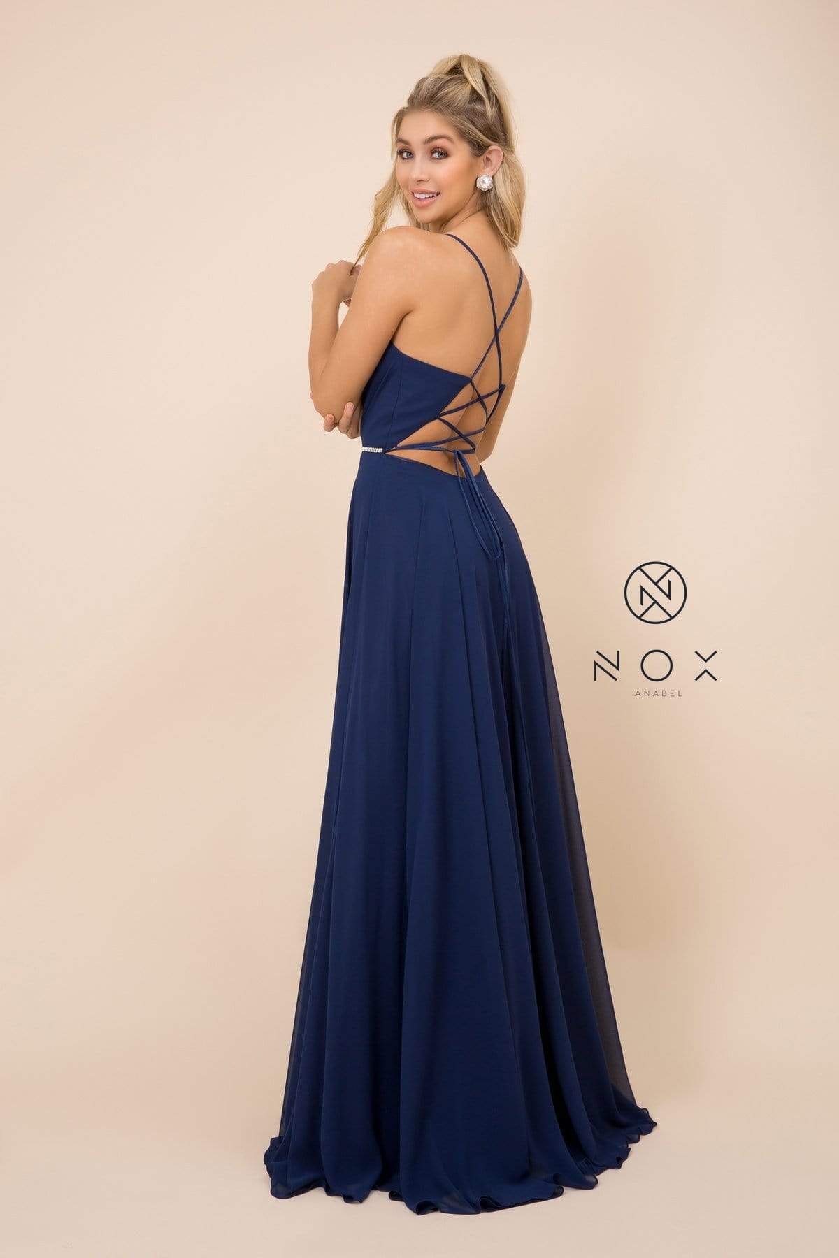 Nox Anabel - R416 Lace-up Open Back Beaded Waist A-Line Prom Dress Prom Dresses