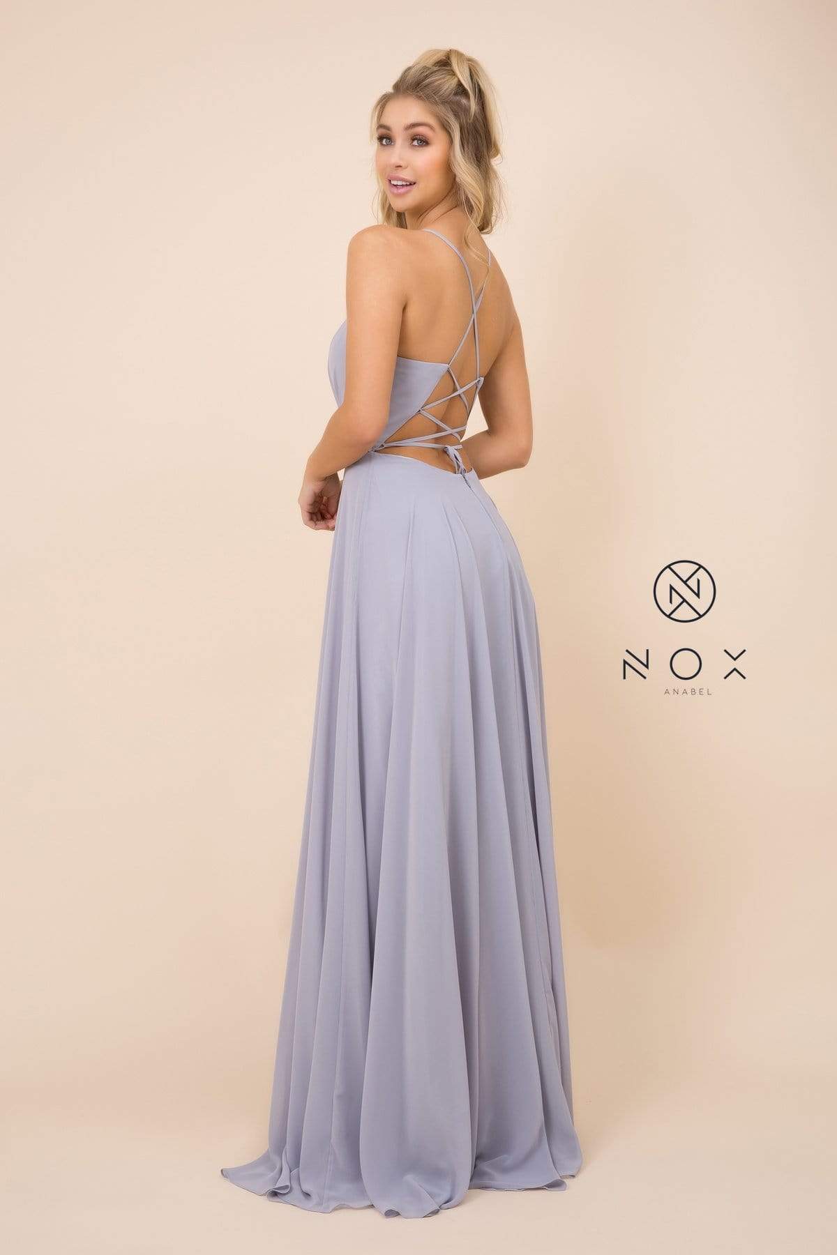 Nox Anabel - R416 Lace-up Open Back Beaded Waist A-Line Prom Dress Prom Dresses