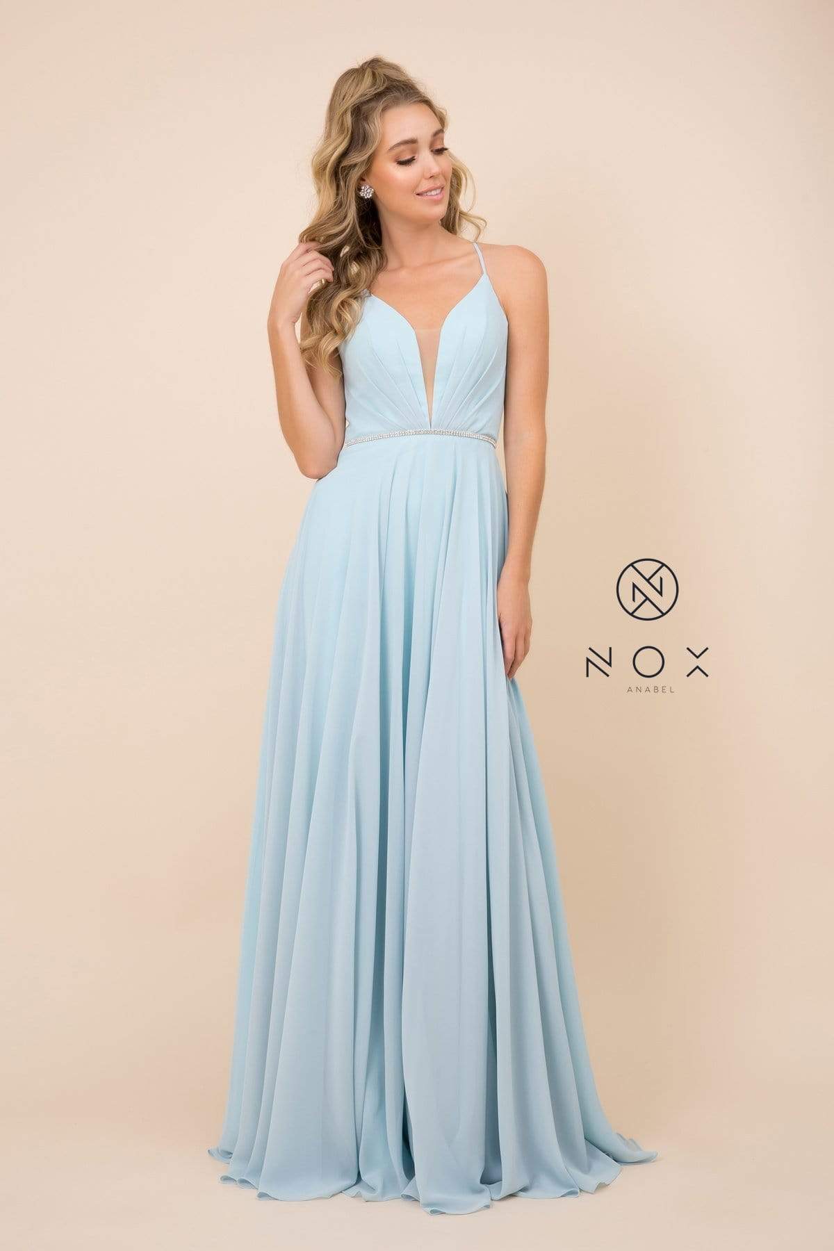 Nox Anabel - R416 Lace-up Open Back Beaded Waist A-Line Prom Dress Prom Dresses 4 / Pale Turquoise