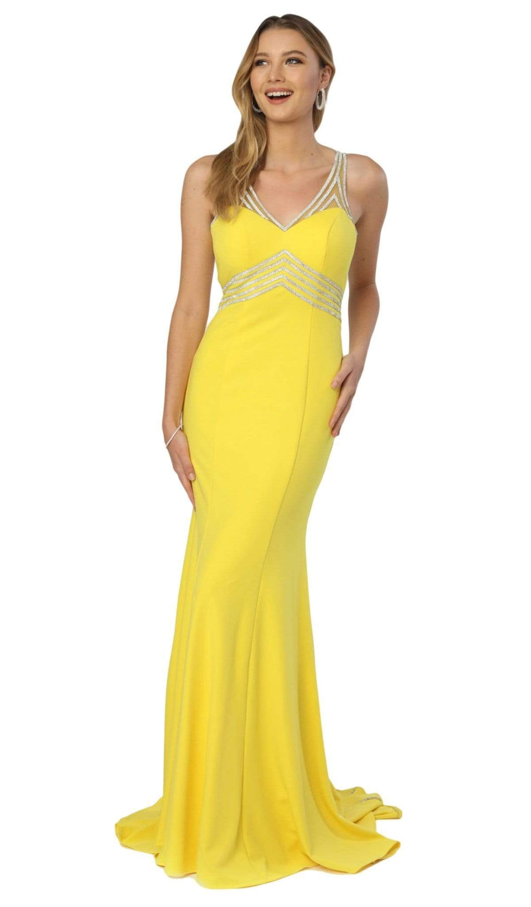Nox Anabel - T253 Metallic Stripped Illusion Cutout Back Gown Special Occasion Dress XS / Yellow
