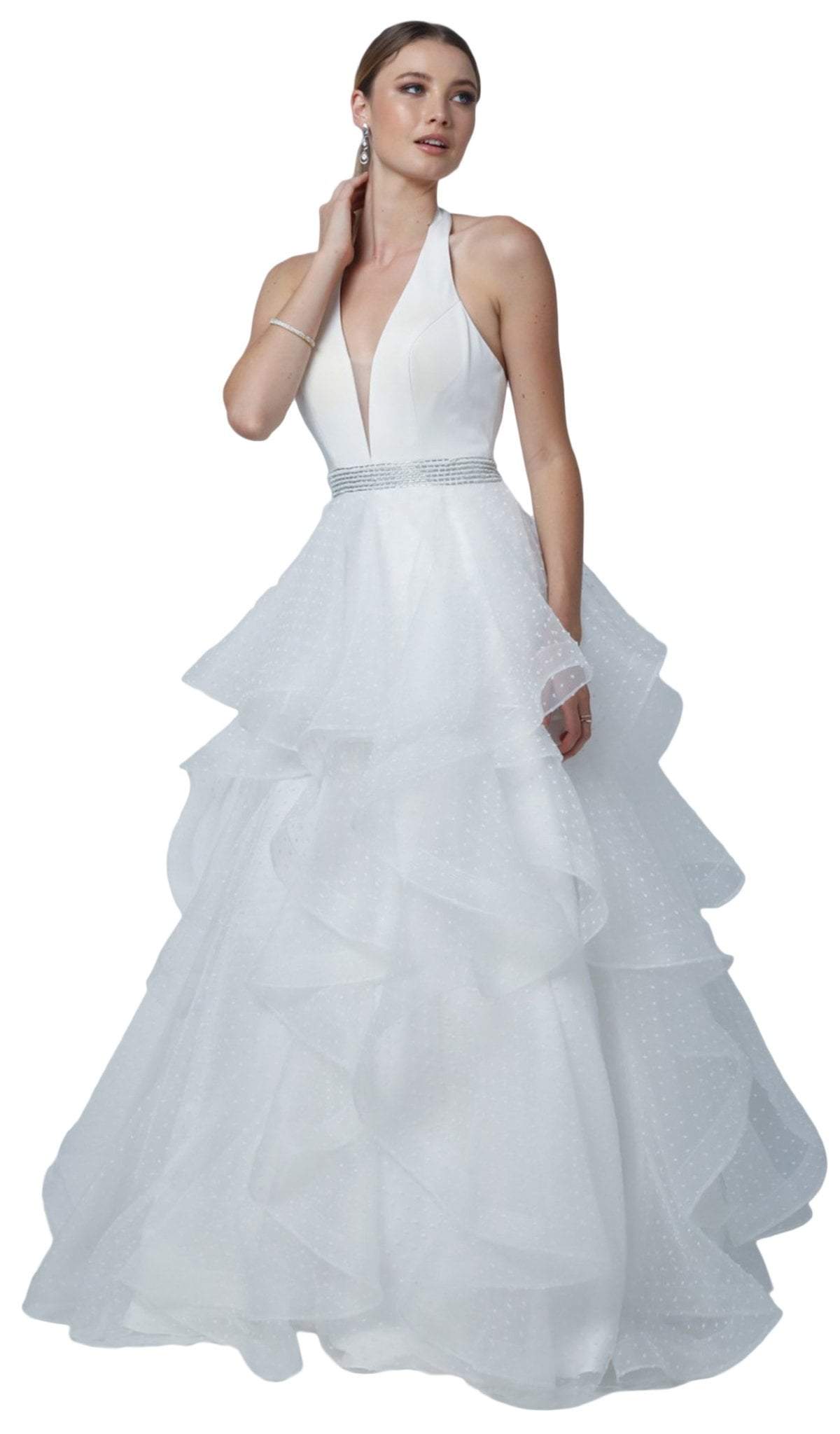 Nox Anabel - T256 Plunging Halter Dotted Lace Tiered Gown Special Occasion Dress XS / White