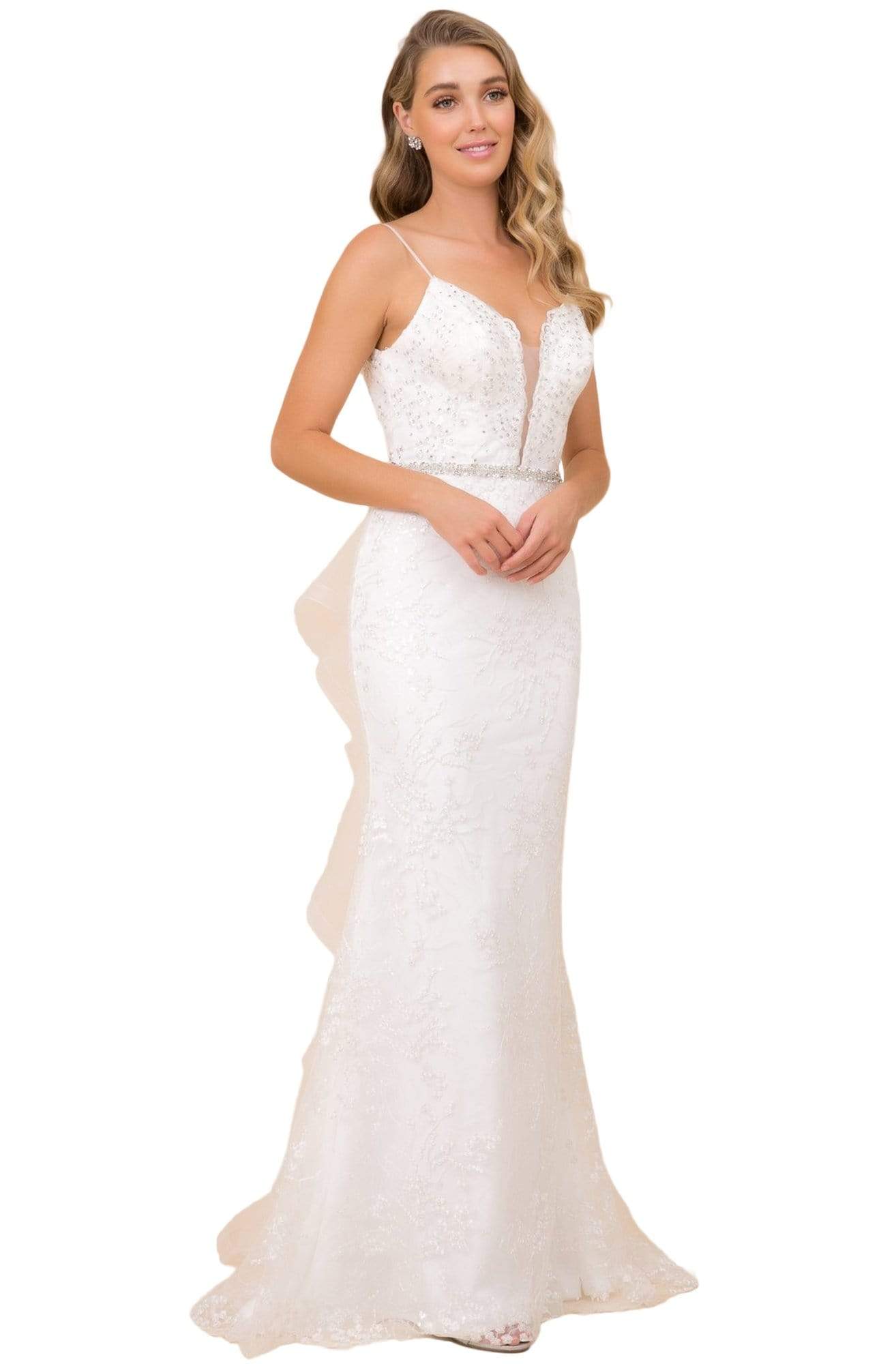 Nox Anabel - T314 Plunging V-Neck Embroidered Mermaid Gown Evening Dresses 4 / White