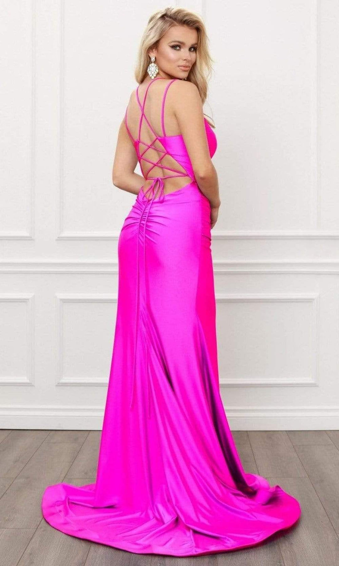 Nox Anabel T481 Spaghetti Strap Scoop Neck High Slit Chiffon Gown